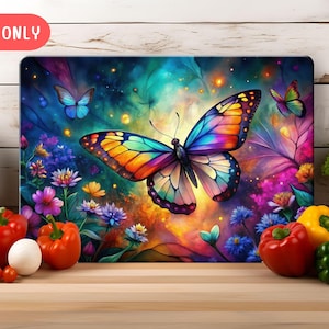 Vibrant Butterfly in Glowing Sky and Flowers Glass Cutting Board Sublimation Design JPG, Butterfly Cutting Board Design, Gift For Mom Friend