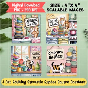 Posavasos cuadrados con divertidos dibujos de gatos sarcásticos, 4 diseños PNG sublimados, posavasos regulares con diseño de gato divertido, idea de regalo para adultos difíciles.