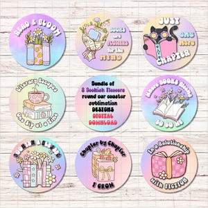 May include: A collection of nine round car coasters with pastel backgrounds. Each coaster features a book-themed design with phrases like "Read & Bloom" and "Just One More Chapter." The coasters are designed for sublimation.