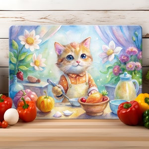 Cat Cook Glass Cutting Board Sublimation Design PNG, Cute Kitten Cutting Board Design,  Watercolor Cat Enjoy Cooking, Kitten in the Kitchen