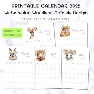 Calendário 2025 para impressão em aquarela com tema de animais da floresta, planejador mensal, tamanho A4 e carta, calendário de animais da floresta em PDF, presente de Natal