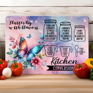 Butterfly Flowers and Kitchen Conversions Chart Glass Cutting Board, 2 PNG Sublimation Design, Flutter By With Flavors, Kitchen Gift Cooking