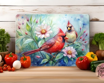 Cardinal and Flowers Glass Cutting Board Sublimation Design (PNG)