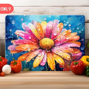 Spring Colorful Daisy Fresh Dew Drops Glass Cutting Board Png Sublimation Design, Daisy Chopping Board, Flower Cutting Board Gift Idea Mom