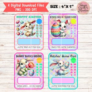 Osterhase Geldkarte Printables, 4 Ostergeldkartenhalter Png Designs, Ostergeschenkkarte, druckbare Ostergeldkarten, digitaler Download