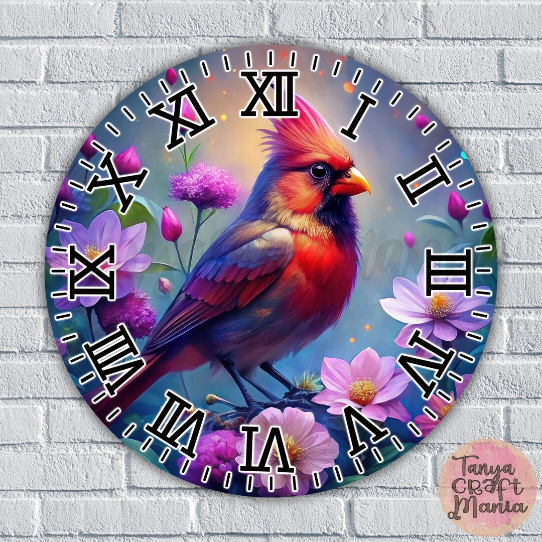 Red Cardinal Wall Clock PNG Sublimation Design: Floral Round Image ...