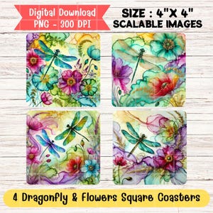 Dragonfly Flowers Square Coasters, 4 PNG Sublimation Designs, Vibrant Dragonfly Floral Regular Coasters, Dragonflies Coasters Gift Idea Mom