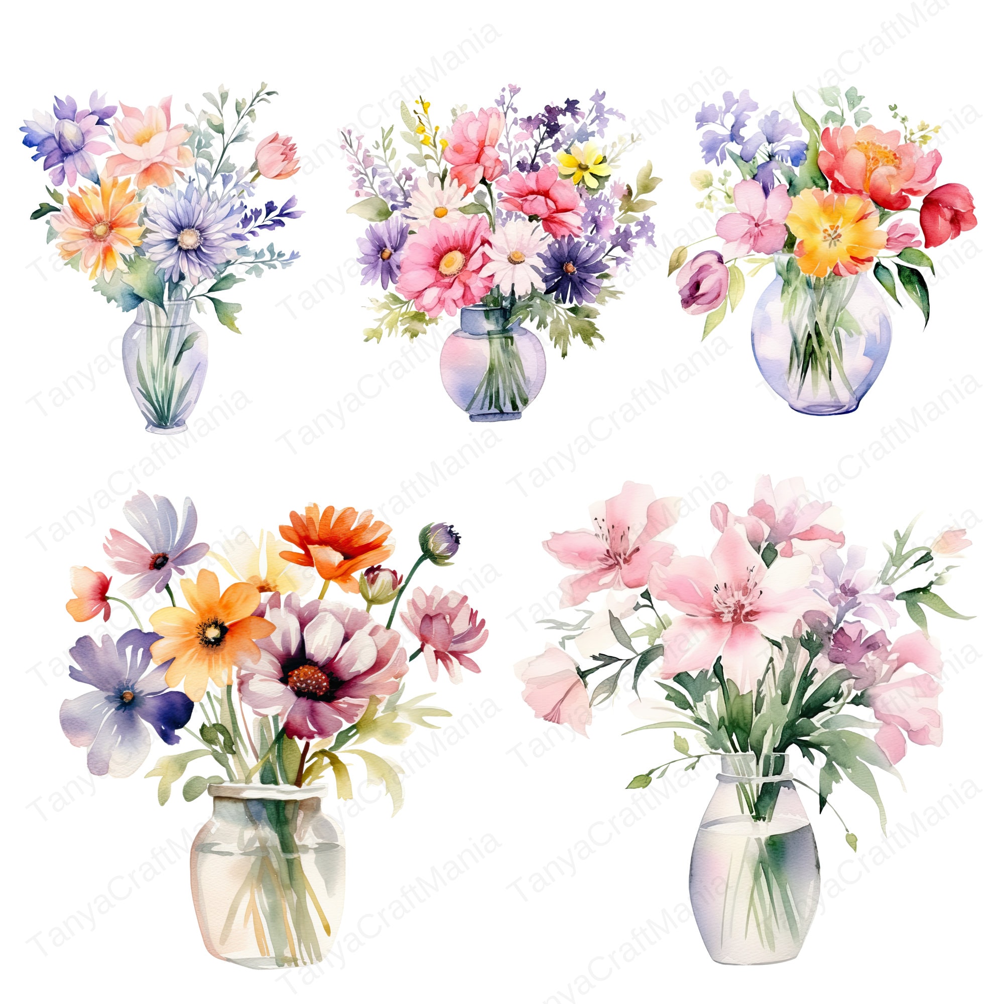Watercolor Flowers in Vase Clipart, Floral Flower Bouquet, PNG Clipart ...