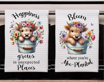 Baby Highland Cow Floral Kitchen Towel: 2 PNG Sublimation Designs (Digital File)