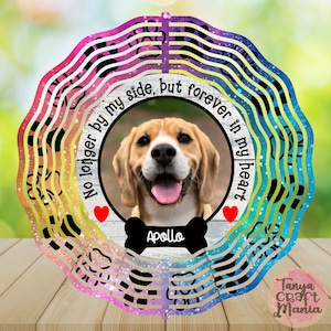 Op de afbeelding: Een kleurrijke, meerlagige windmolen met pootjes en een regenboogontwerp. In het midden is een foto van een hond met de tekst "No longer by my side, but forever in my heart" en de naam van de hond "Apollo".