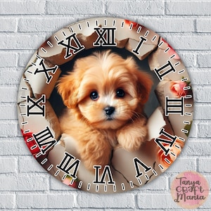 Dog Puppy Wall Clock PNG Sublimation Design, Cute Hole in a Wall Dog Puppy Wall Clock Round Image, Cute Wall Clock Sublimation, Gift for Mom