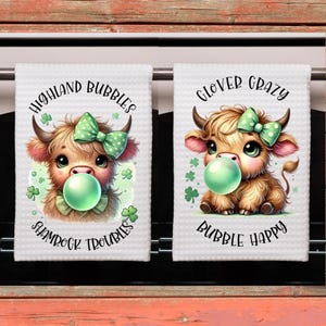 St. Patrick's Day Highland Cow Kitchen Hand Towel, 2PNG Sublimation Designs, Cute Cow Shamrock Bubble Dish Towel Design, Tea Towel, Digital