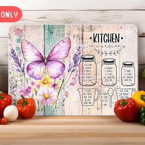 Butterfly Flowers Shabby Wood Kitchen Conversions Chart Glass Cutting Board, 2 PNG Sublimation Designs, Butterfly Chopping Board, Gift Idea