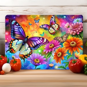 Vibrant Colorful Butterflies and Flowers Glass Cutting Board Sublimation Design JPG, Butterfly Cutting Board Design, Gift For Mom, Friends