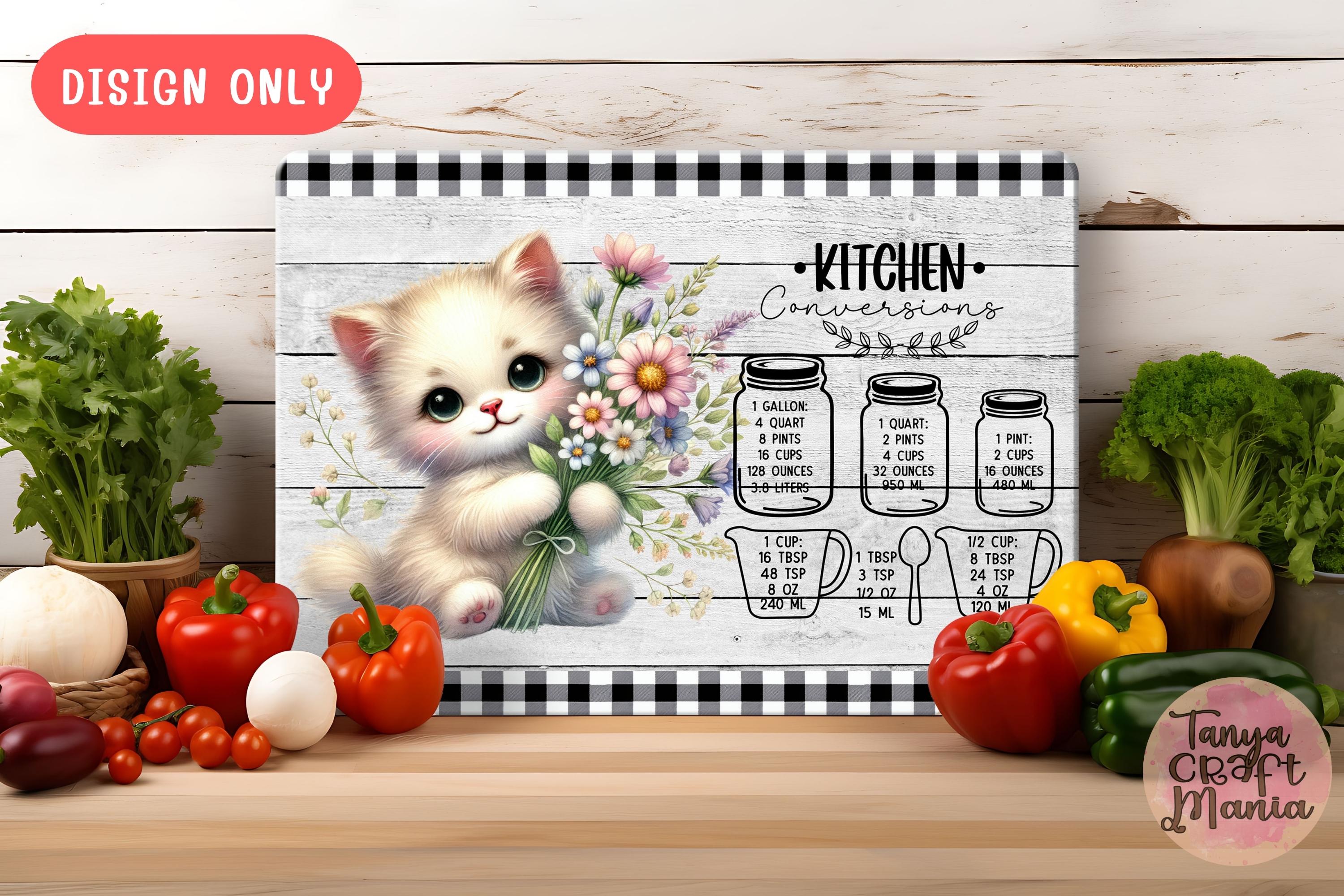 Cat Kitten Wild Flowers Kitchen Conversion Glass Cutting Board,  2 PNG Sublimation Design, Cat Chopping Board, Cute Kitten Buffalo Plaid