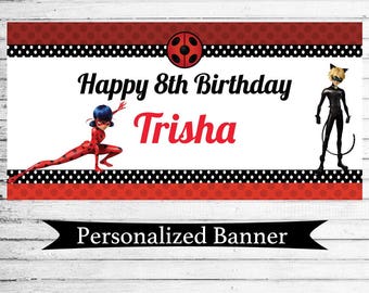 Personalized 18"x30" Miraculous Ladybug Birthday Party Banner | Vinyl Party Banner | Cat Noir Party Decoration | Custom Vinyl Party Banner