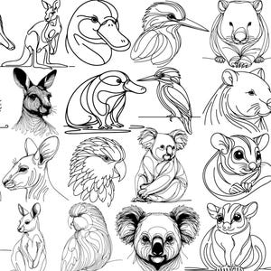 Könnte beinhalten: Schwarz-Weiß-Strichzeichnungen australischer Fauna, darunter ein Kakadu, ein Ameisenigel, ein Känguru, eine Ente, ein Kookaburra und ein Wombat. Das Bild zeigt eine Vielzahl von Tieren in einem minimalistischen Stil, mit dem Text "AUSTRALIAN FAUNA" unten.