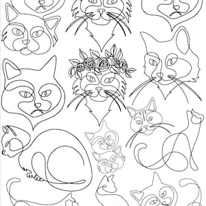 Könnte beinhalten: Eine Sammlung schwarzer Strichzeichnungen von Katzen auf weißem Hintergrund. Die Designs umfassen Katzenköpfe, Ganzkörperposen und Katzen mit Blumenkränzen. Die Website-Adresse "www.coastalstudioceramics.com.au" und "CATS LINE ART" sind ebenfalls sichtbar.