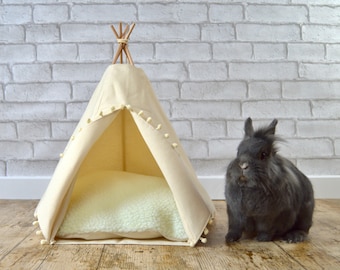Rabbit bed, rabbit house, rabbit teepee, rabbit lover gift, guinea pig house, hedgehog bed, rabbit pet toys - solid ivory - pompom trim