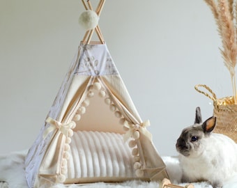 Tipi für Kaninchen oder Kleintiere | Abnehmbares und waschbares Kissen | Größe S | Löwenzahnmuster