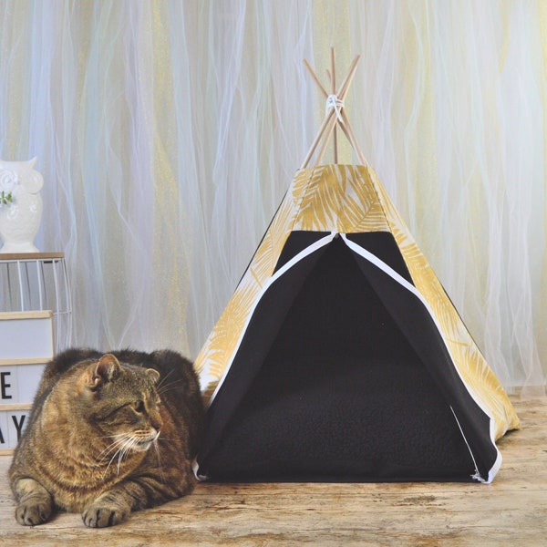 Maison pour chat d'intérieur en forme de tipi pour chat ou tipi pour chien - Lit pour chat noir avec coussin en fourrure à motif feuillage