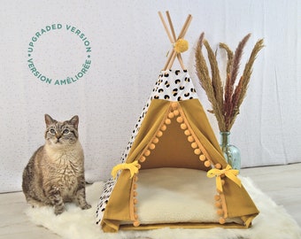 Lit tipi pour chat et petit chien avec un coussin doux - Maison d'intérieur - Jaune foncé et motif léopard - Idée cadeau thème chat