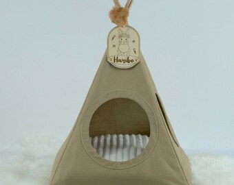 Rabbit Teepee with Two Openings in Light Brown Cotton Canvas - Guinea Pig Tent House with Soft Cushion Included