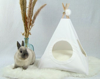 Tipi pour Lapin Deux Ouvertures en Coton Blanc - Maison Pour Cochon d'Inde en Forme de Tente - Cabane pour Petits Animaux de Compagnie