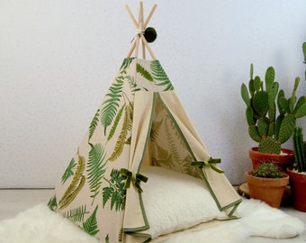 Tipi pour Chat et Chien - Motif Feuilles de Fougères – Lit Carré pour Animaux de Compagnie - Coussin Doux inclus