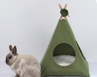 Tipi para conejos y mascotas pequeñas - Tienda de campaña verde caqui con 2 aberturas redondas