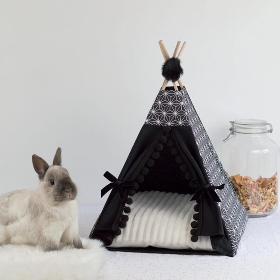 Tipi pour lapin avec coussin doux - Maison pour lapin en tissu à motif étoiles -  Maison pour petits animaux - Lit pour lapin fait main