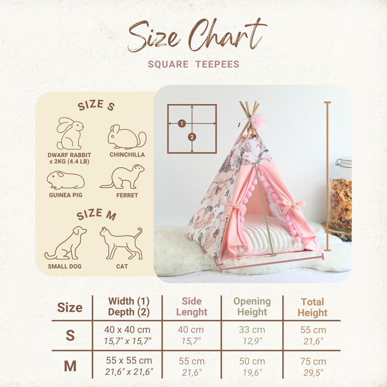 Guide des tailles des tipis carré à 4 côtés. Taille S= Largeur et profondeur: 40 x 40 cm, hauteur: 55 cm, hauteur de l’ouverture: 33 cm, largeur d’un côté: 40 cm 
Taille M= Largeur et profondeur: 55 x 55 cm, hauteur: 75 cm, hauteur de l’ouverture: 50cm, largeur d’un côté: 55 cm