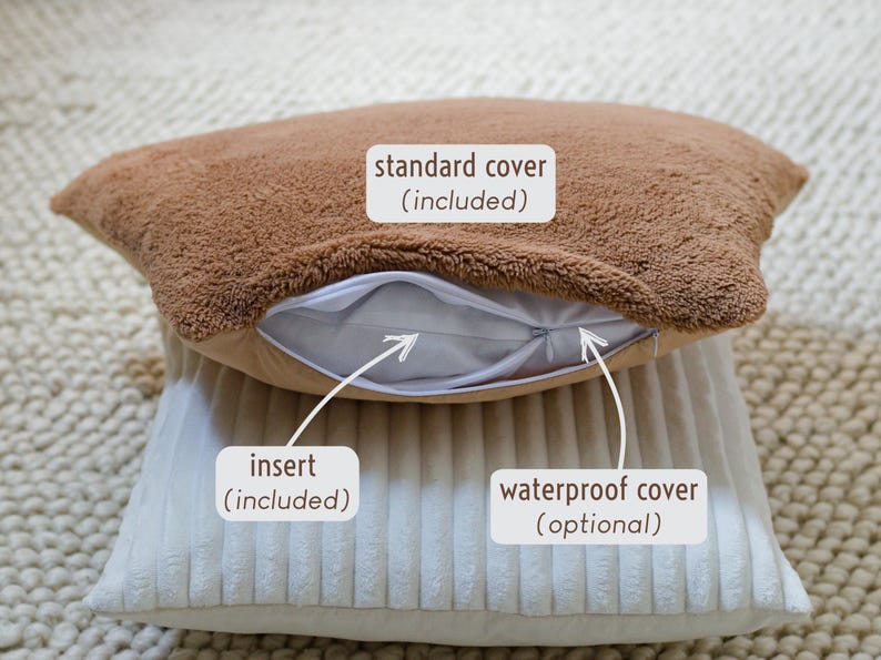 Schéma de la composition du coussin fourni avec une tente pour lapin ou cochon d'Inde. Le coussin est composé d'un insert rembourré par de la fibre de polyester et d'une housse douce en sherpa ou en minky côtelé. Une housse imperméable peut être ajoutée en option