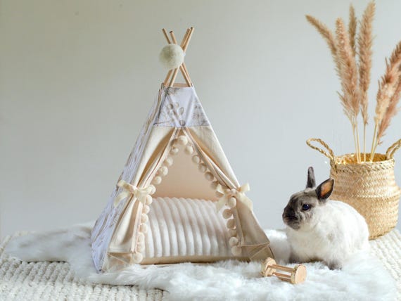 Tipi pour lapin ou petit animal de compagnie | Coussin déhoussable lavable | Taille S | Motif pissenlit