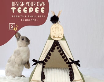 Tipi zum Personalisieren für Kaninchen und Meerschweinchen – quadratische Version, 16 Farben – Haus für kleine Haustiere