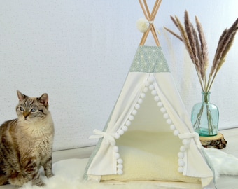 Cat teepee - Cute cat or dog bed - Pet furniture - Dog teepee with blue Japanese asanoha pattern - Indoor dog house