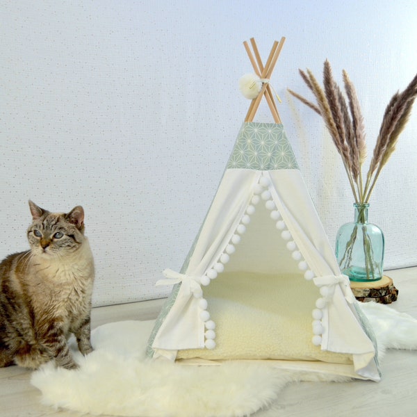 Cat teepee - Cute cat or dog bed - Pet furniture - Dog teepee with blue Japanese asanoha pattern - Indoor dog house