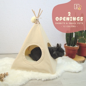 Rabbit teepee with two entrances - Ivory guinea pig bed in shape of a tent - Rabbit house including a soft cushion - Rabbit hideaway