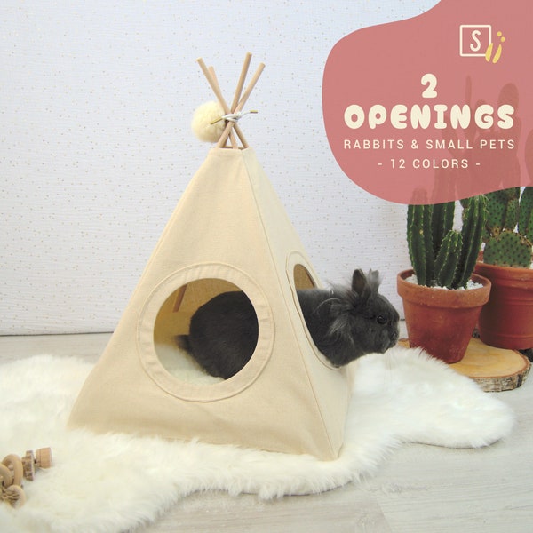 Tipi pour lapin avec deux entrées - Lit pour cochon d'Inde ivoire en forme de tente - Maison pour lapin avec coussin doux