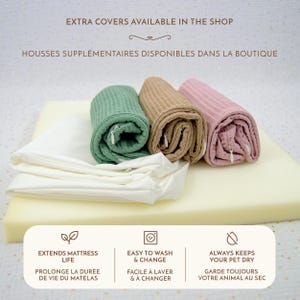 Une photo des éléments qui composent un matelas imperméable pour lapins et petits animaux de compagnie (matelas en mousse, housse imperméable, housse en tissu éponge nid d'abeille) où est écrit "Des housses supplémentaires sont disponibles dans la boutique"