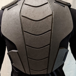 Puede incluir: Un protector de pecho acolchado negro con una superficie texturizada y una serie de paneles curvos en relieve. El protector tiene correas ajustables y est&aacute; dise&ntilde;ado para brindar protecci&oacute;n al pecho y la espalda.