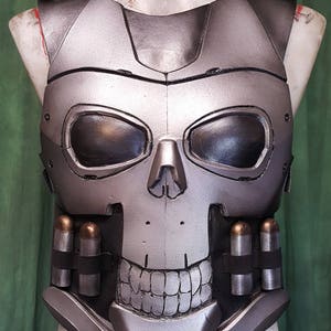 May include: A silver skull-shaped chest armor with two sets of cylindrical canisters on the bottom. The armor has a visor over the eyes and a toothy grin.