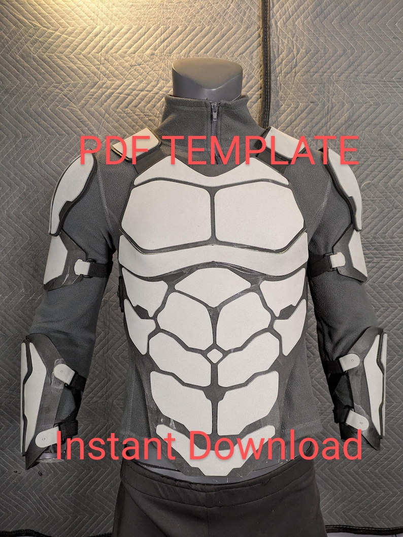 May include: A black and white PDF template for a costume. The template features a detailed design of a chest piece with a muscular pattern. The text "PDF TEMPLATE" and "Instant Download" is visible on the image.