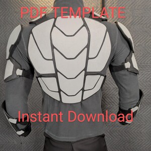 May include: A gray and white padded armor costume with the text "PDF TEMPLATE Instant Download" on the front.