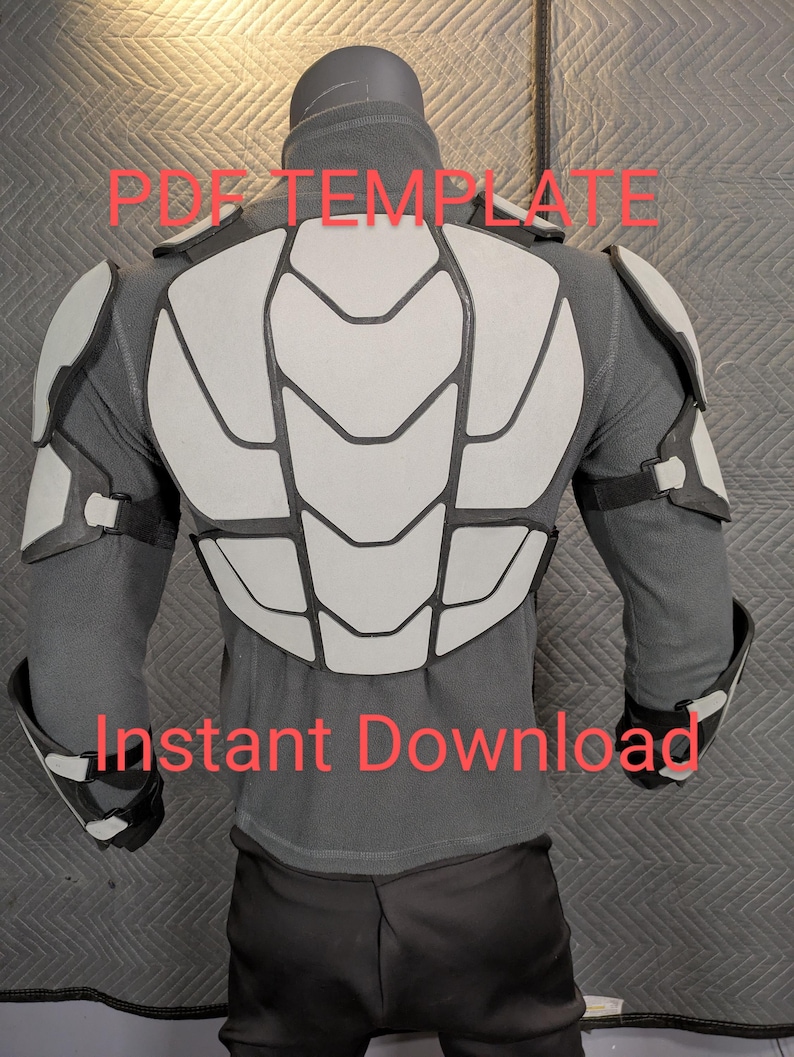 May include: A gray and white padded armor costume with the text "PDF TEMPLATE Instant Download" on the front.