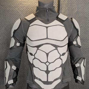 May include: A gray long-sleeved shirt with a white, segmented, armor-like chest piece and matching shoulder and forearm pieces.