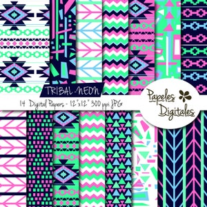 Neon Tribal Digital Paper Pack 14 Digital Paper Sheets / Digital Backgrounds - Instant Download 12&quot;x12&quot; JPG 300 dpi