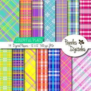 Plaid Colorful Digital Paper Pack in Brights / Bright Printable Backgrounds - 14 Colors / Sheets - Instant Download 12&quot;x12&quot; JPG 300 dpi
