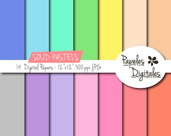 Pastel Solid Digital Paper Pack - Digital Papers / Printable Backgrounds - 14 Colors/Sheets Instant Download 12"x12" JPG 300 dpi