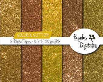 Golden Glitter Digital Papers - Gold Printable Backgrounds - 5 Sheets Instant Download 12"x12" JPG 300 dpi